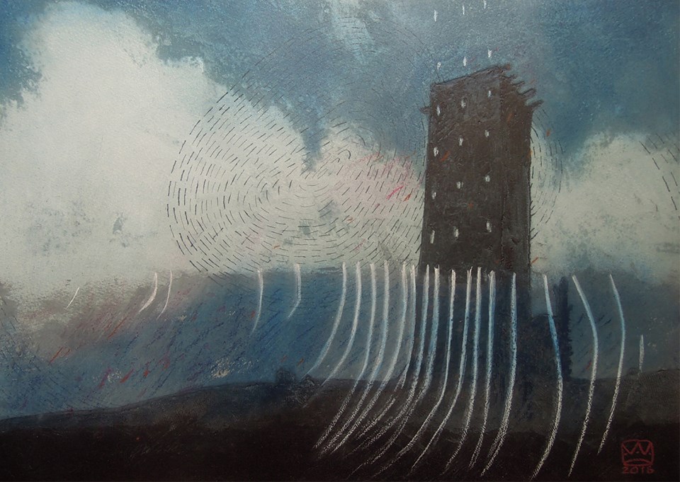 vaida varnagiene tower 5 mixed media carborundum print charcoal varnish on paper 34x49 cm 1 orig